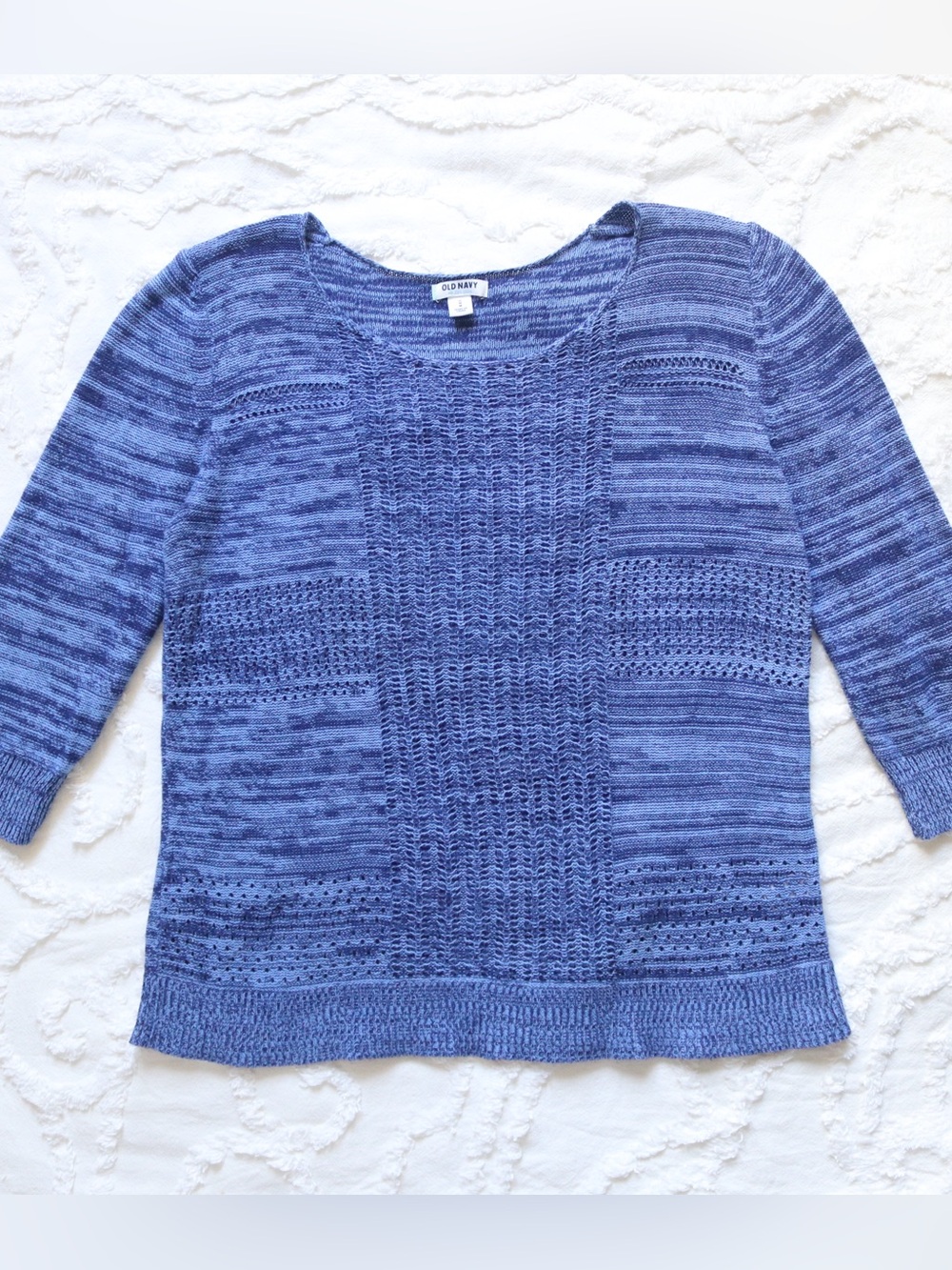 Old Navy| Airy Pointelle Open Knit Crocheted Marled Marbled Heather Blue Sweater